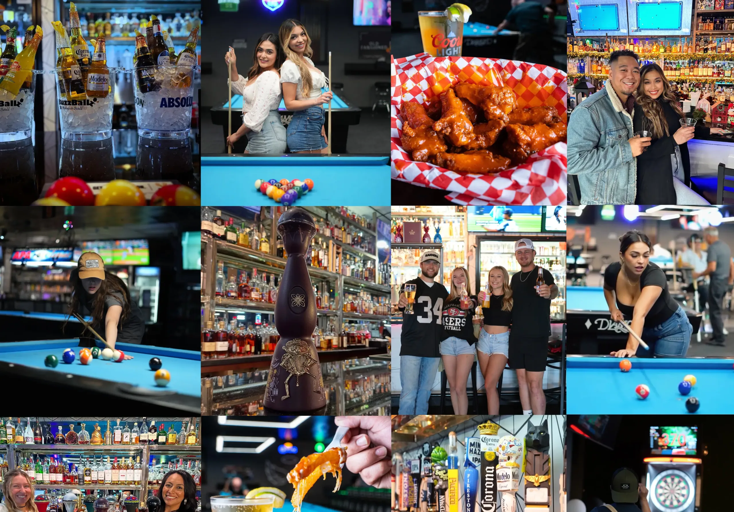 things-to-do-fresno-nightlife collage of people food drinks in our pool hall