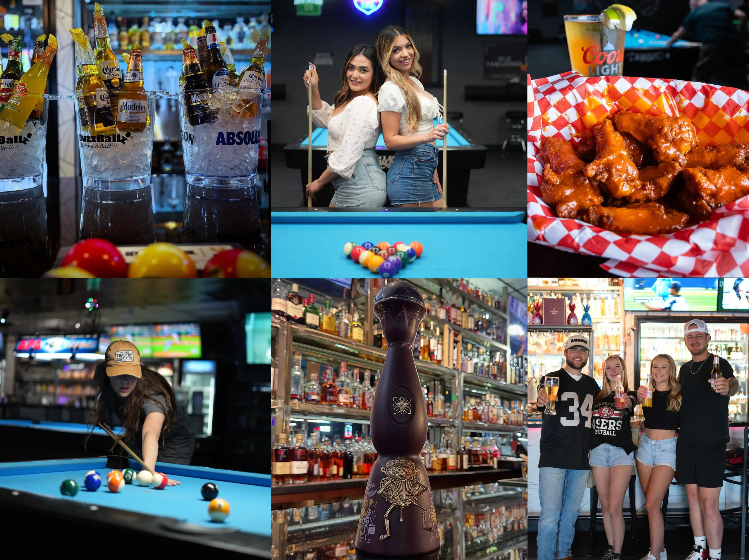 fresno-date-ideas collage of people food drinks in our pool hall